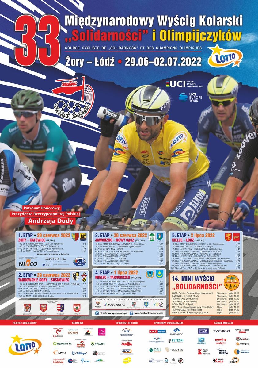Plakat promujący 33 Miezynarodowy Wyścig Kolarski. Na zdjęciu kkolarze wraz z opisem wyścigu. 