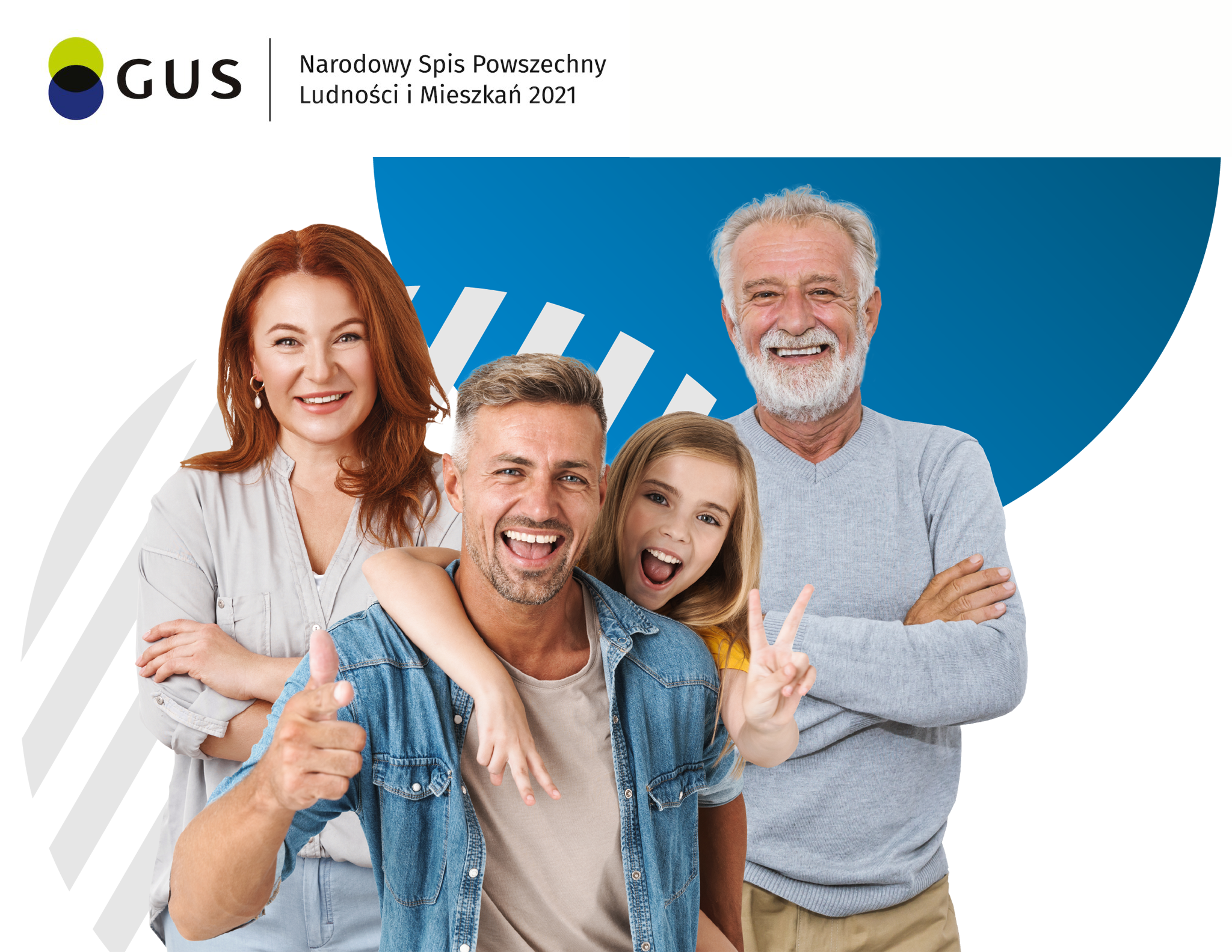 Plakat Narodowego Spisu Powszechnego. Na grafice znajduje się logotyp GUS oraz uśmiechnięci ludzie w różnym wieku