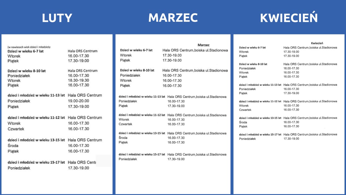 Harmonogram zajęć z piłki nożnej