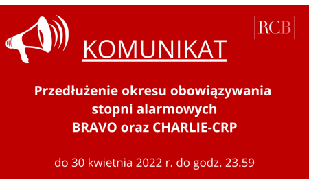 Komunikat - Przedłużenie okresu obowiązywania stopni alarmowych BRAVO oraz CHARILIE-CRP
