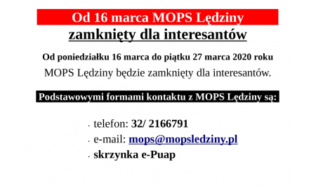 Od 16 marca MOPS Lędziny zamknięty dla interesantów