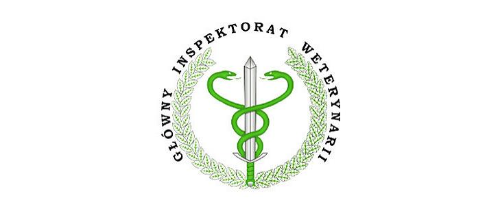 Logo głównego inspektoratu weterynarii. Miecz, na nim dwa zaplatające się zielone węże. Wieniec laurowy otwarty u góry tworzący okrąg. Nad nim napis - Główny Inspektorat weterynarii