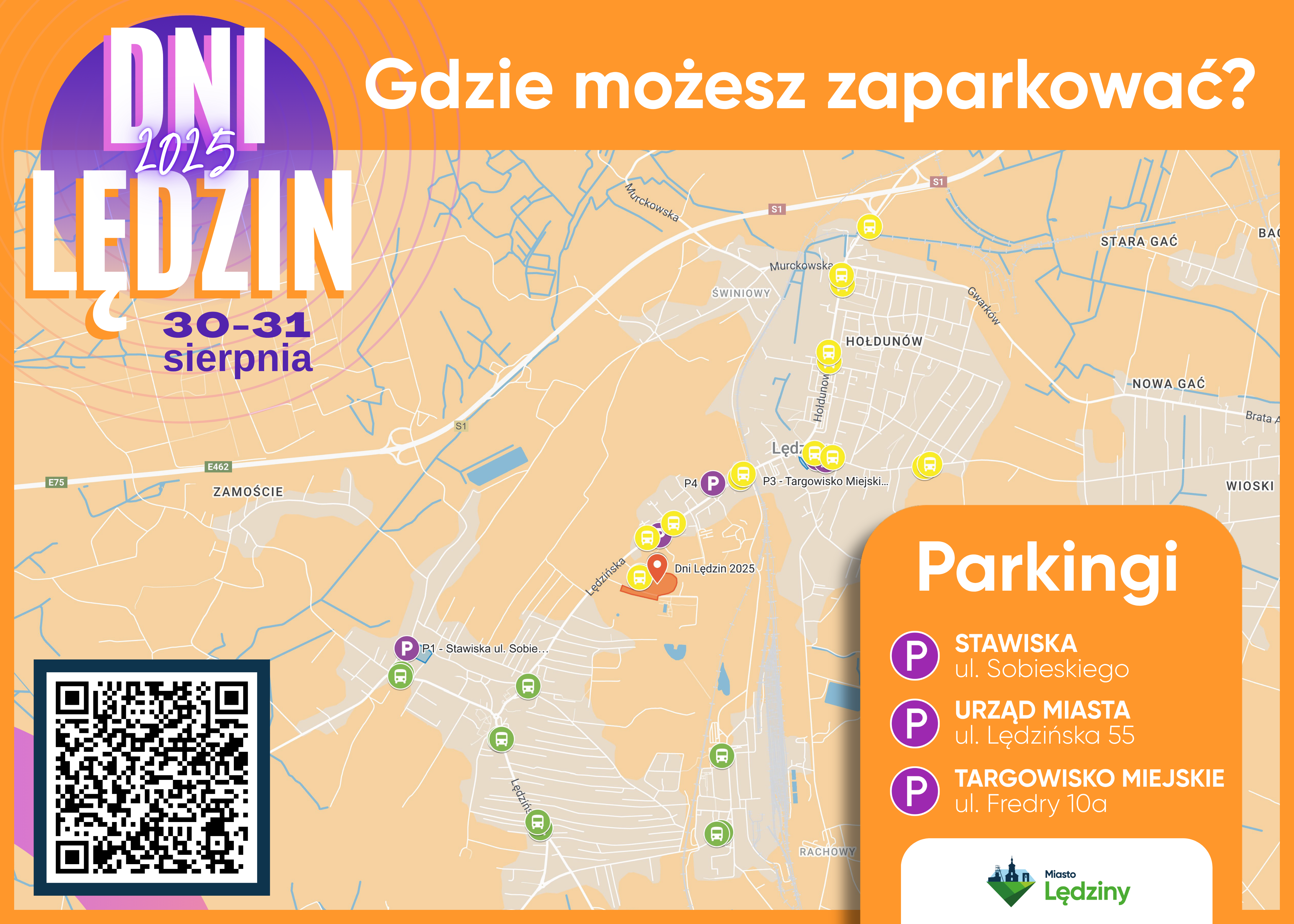 Mapa Parkingi i przystanki podczas dni Lędzin