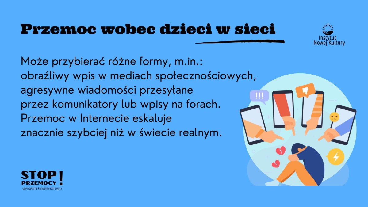 Grafika edukacyjna kampanii „STOP PRZEMOCY” dotycząca cyberprzemocy wobec dzieci. Na niebieskim tle widnieje tekst informujący o formach przemocy w sieci oraz ilustracja przedstawiająca dziecko kulące się pod naporem rąk wyłaniających się z ekranów smartf