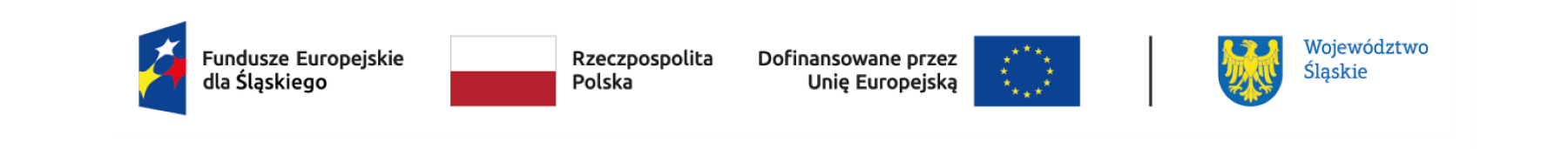 Rząd logotypów i oznaczeń. Od lewej: logo Fundusze Europejskie dla Śląskiego, flaga Polski z napisem Rzeczpospolita Polska, flaga Unii Europejskiej z napisem Dofinansowane przez Unię Europejską oraz herb i napis Województwo Śląskie.