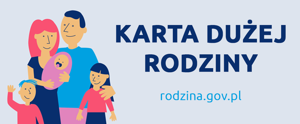Obrazek z logotypem karty dużej rodziny. Na grafice Rodzice z trójką dzieci