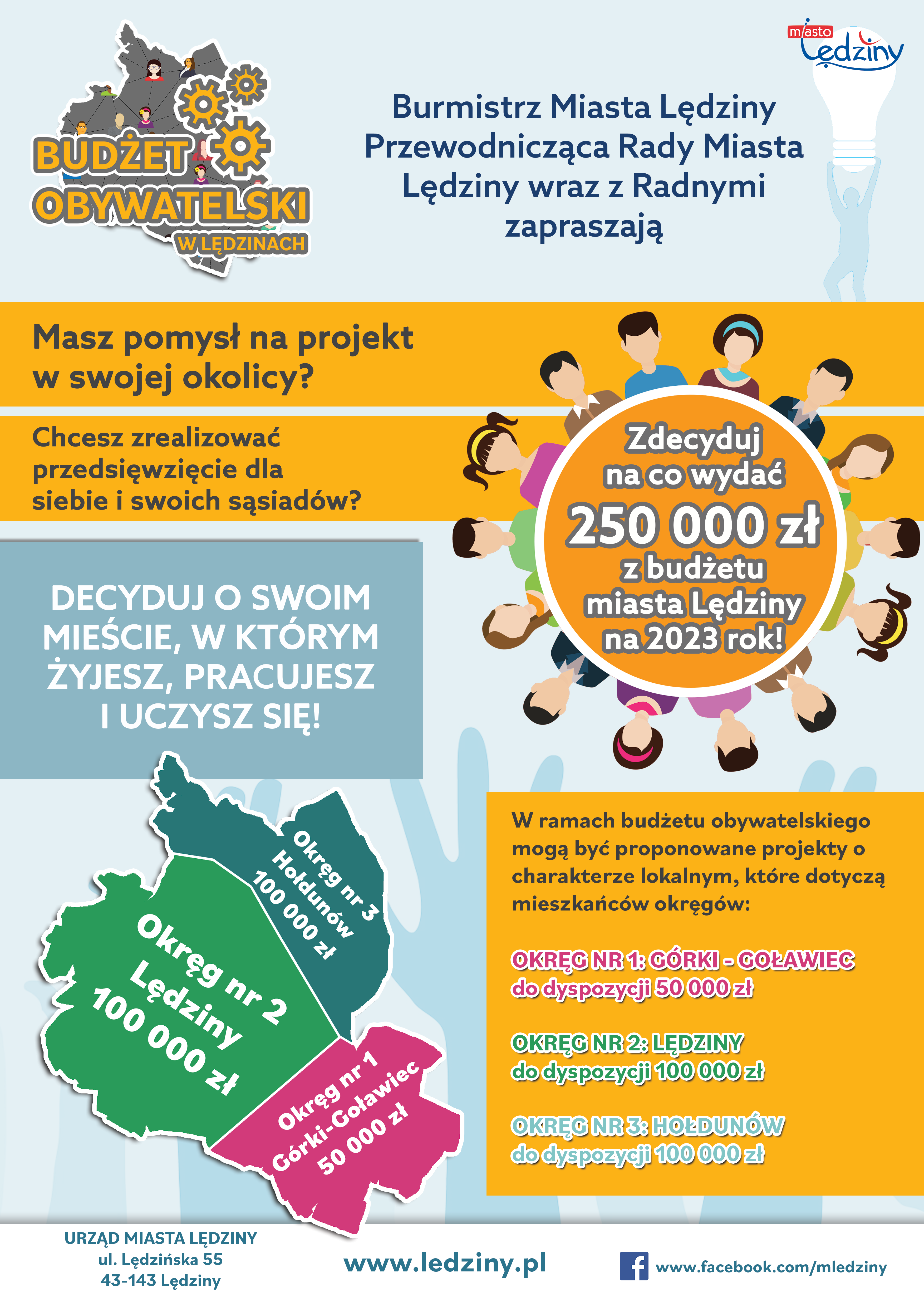 Plakat Budżet Obywatelski - Masz pomysł na projekt w sowjej okolicy, decyduj o swoim mieście w którym mieszkasz, w którym żyjesz i pracujesz i uczysz się zdecyduj na co wydać 250 000 zł z budżetu miasta Lędziny na rok 2023