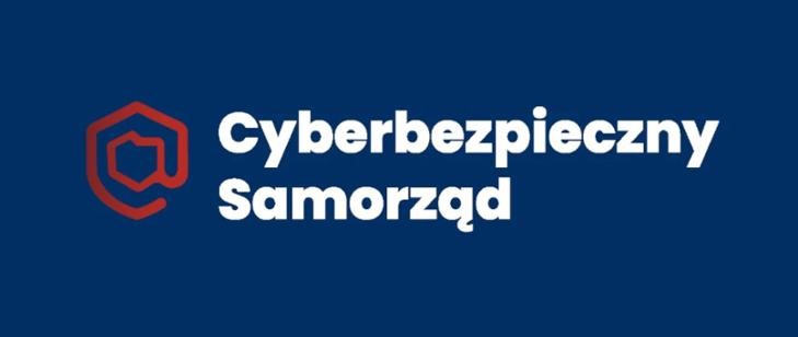 Logo i nazwa programu "Cyberbezpieczny Samorząd" na ciemnoniebieskim tle.