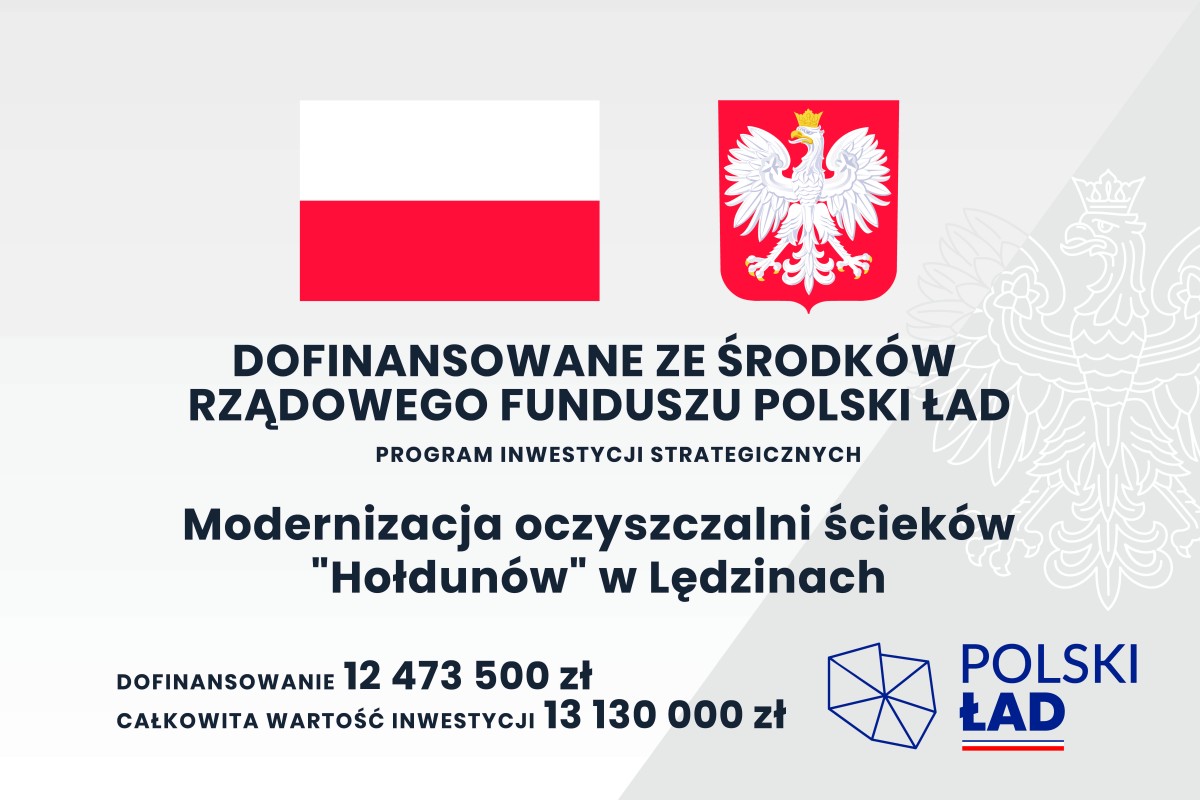 Tablica inwestycyjna Polski Ład. Modernizacja oczyszczalni ścieków Hołdunów w Lędzinach. 