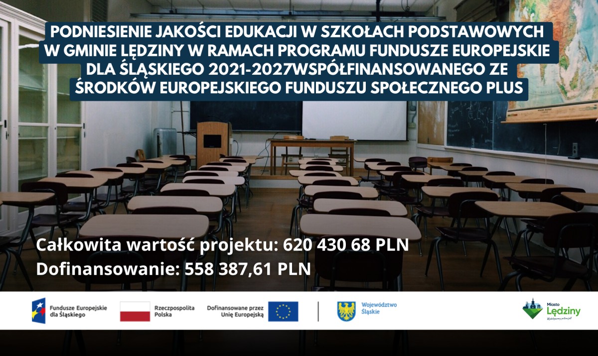 Informacja o projekcie "PODNIESIENIE JAKOŚCI EDUKACJI W SZKOŁACH PODSTAWOWYCH W GMINIE LĘDZINY" w ramach Funduszy Europejskich dla Śląskiego 2021-2027. Całkowita wartość: 620 430,68 PLN, Dofinansowanie: 558 387,61 PLN. W tle widoczna pusta klasa szkolna z
