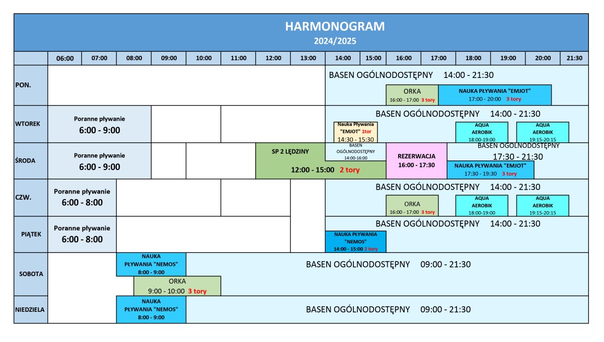Harmonogram pływalni krytej. Harmonogram jest dostepny w formie tabeli w pdf pod spodem zdjęcia.
