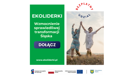 Grafika promocyjna programu „Ekoliderki” wspierającego transformację Śląska. Po lewej stronie zielone pole z tekstem „EKOLIDERKI – Wzmocnienie sprawiedliwej transformacji Śląska” i przyciskiem „DOŁĄCZ”. Po prawej zdjęcie dwóch radosnych kobiet na łące.
