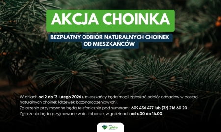 Plakat informacyjny „Akcja Choinka” w Lędzinach dotyczący bezpłatnego odbioru naturalnych choinek od mieszkańców w dniach od 2 do 13 lutego 2026 r.