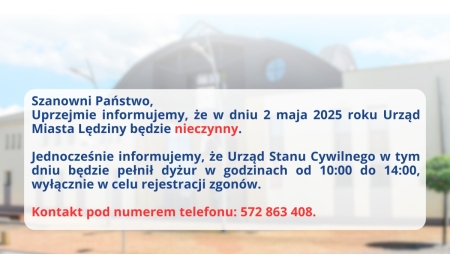 Na zdjęciu urząd miasta Lędziny wraz z infrmacją w ramce która dostępna jest jako treść linku.